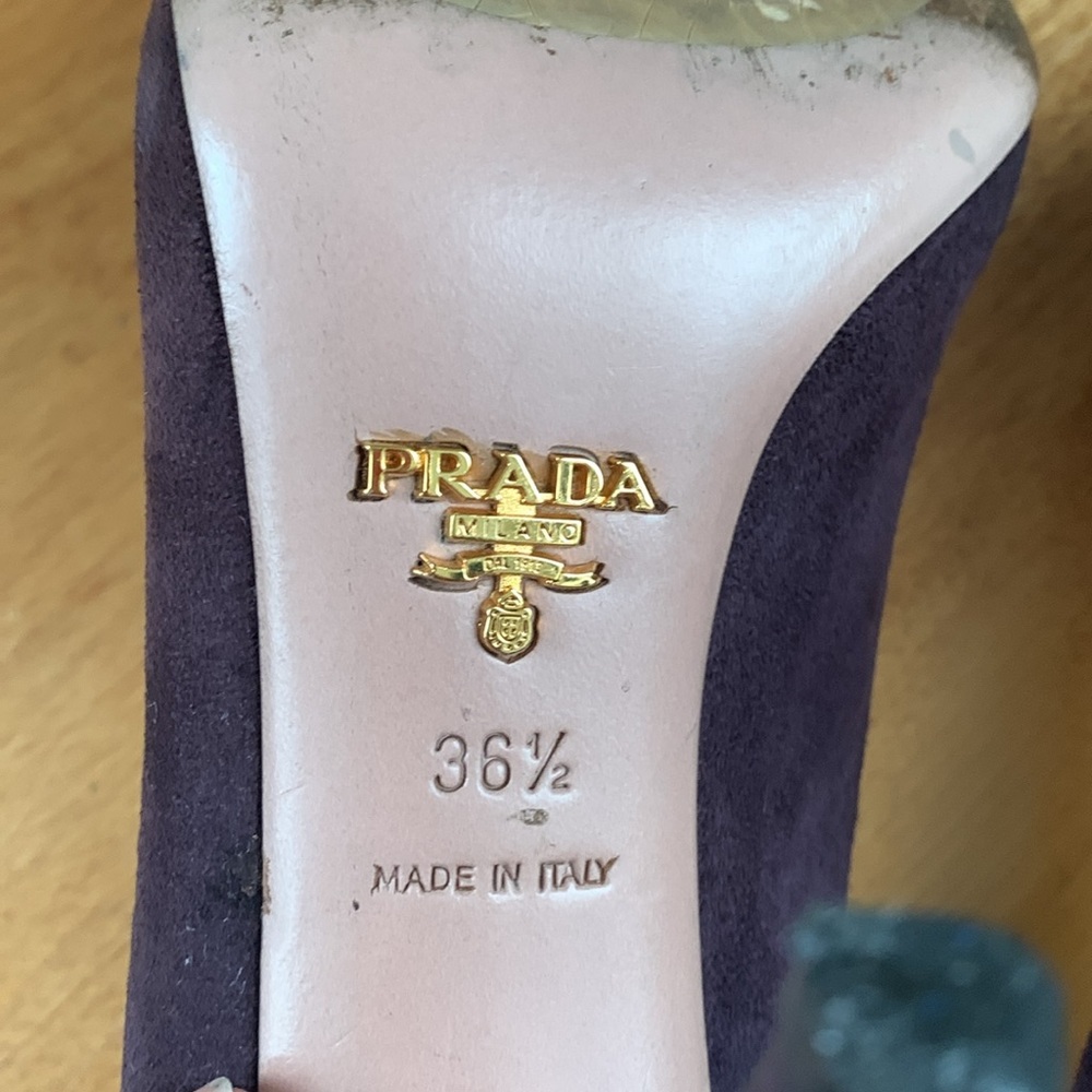 Prada purple suede heels US size 6.5 EUR 36.5 GUC peep toe black ruffles - Picture 9 of 15